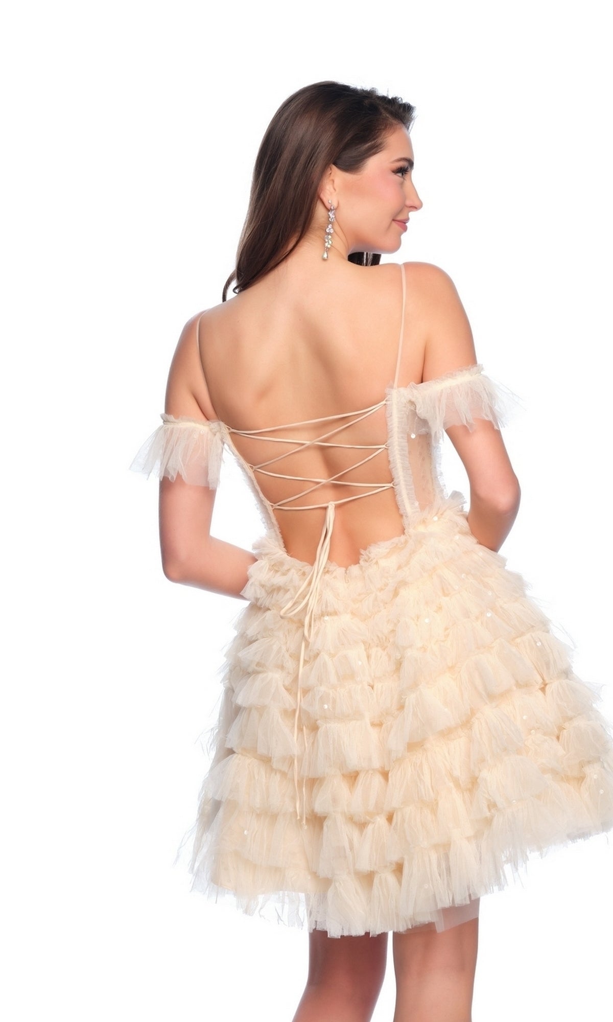 Woman wearing the Dave and Johnny Short Ruffled Hoco Dress 11754 with an off-the-shoulder neckline, ruffled A-line skirt, and open lace-up back, facing away from the camera.